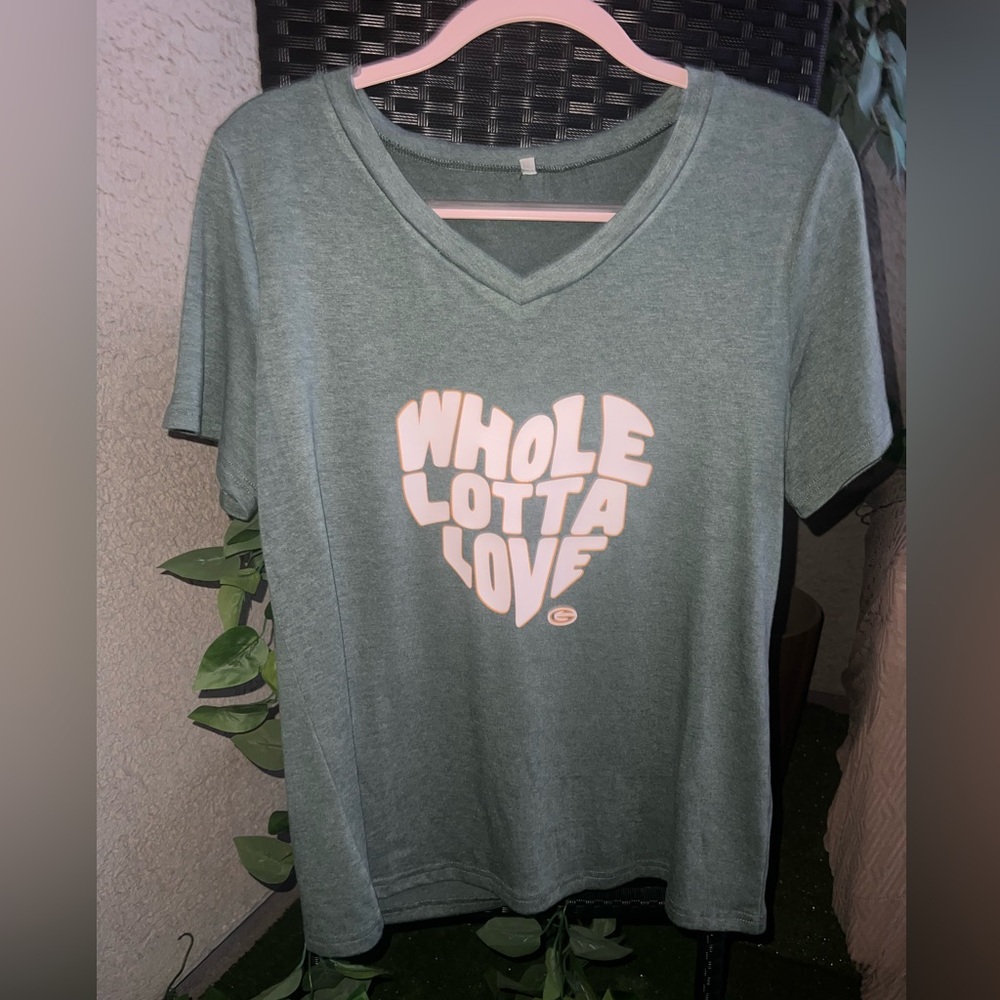 Women's Green V-Neck Graphic Tee, Green Bay Packers whole lotta love